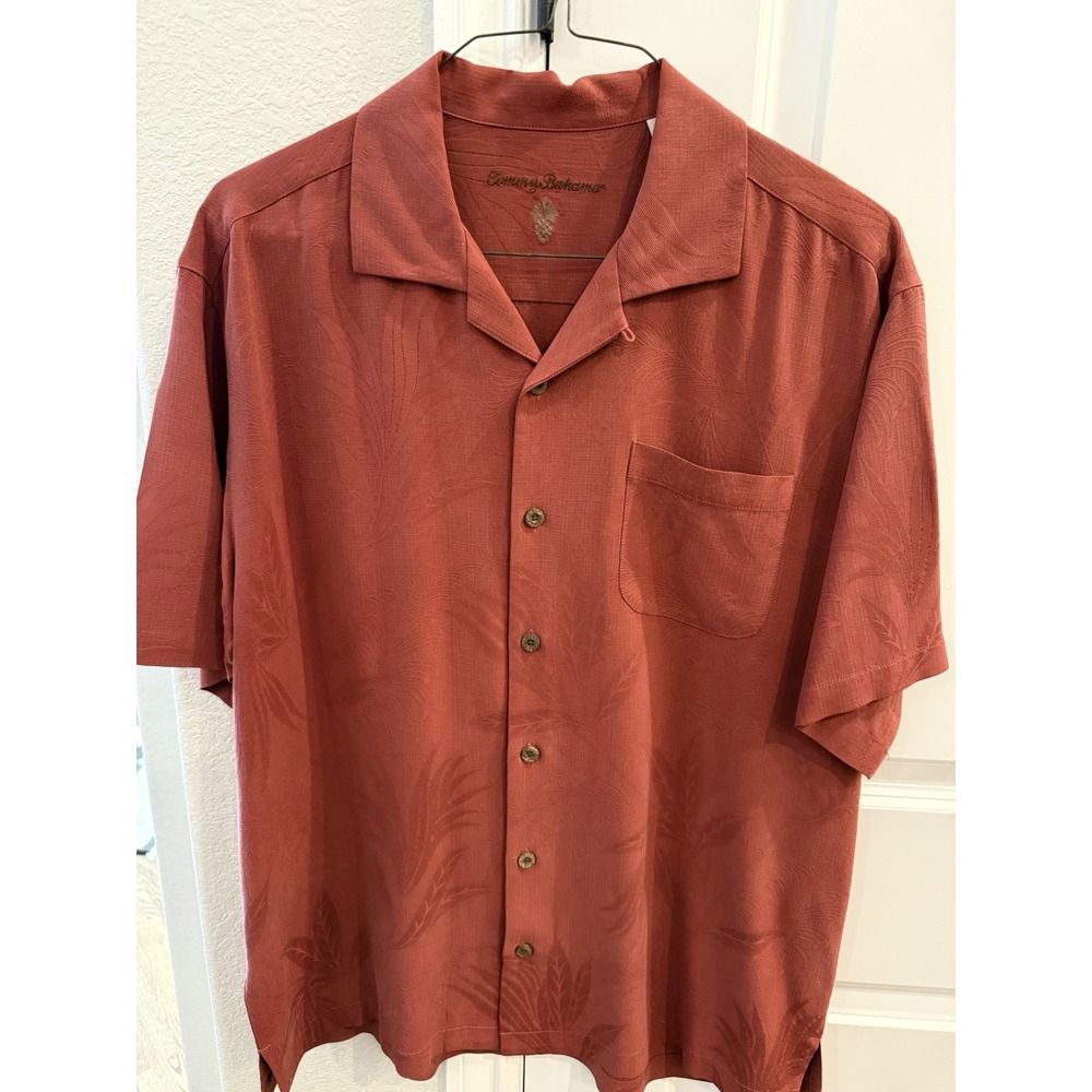 Tommy Bahama 100% Silk Button Down Pink Red Hawaiian Shirt Men's Size‎ Large